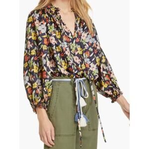 The Great Lyric Floral Silk Top Blouse Womens 0 Tie Neck Long Sleeve Cottagecore